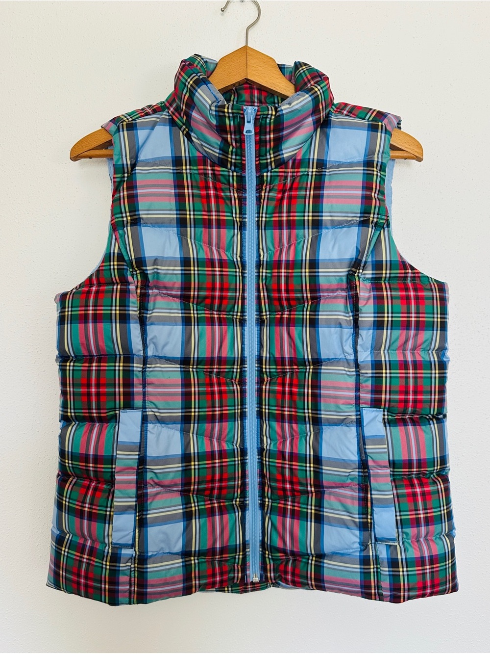 Lands' End Plaid Down Puffer Vest Size M Blue Red Green